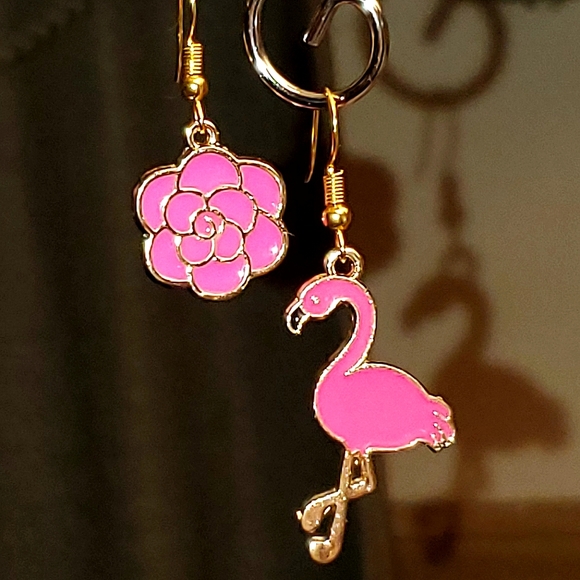 Rose Red series asymmetrical charm earrings. Pair #2. - Picture 2 of 3